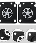 Front view of two black square metering diaphragm plates with silver circular center discs.