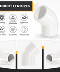 10 Pack 2 Inch 45 Degree PVC Elbow Pipe Fittings Socket To Socket, Schedule 40, product features and close-up views.