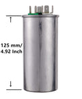 70 Plus 5uF 370 to 440 Volts CBB65 Dual Run Circular Start Capacitor, 125mm height, three terminals labeled Herm and H