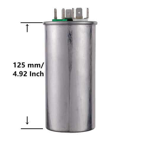 Dual Run Start Capacitor 70 To Seven Point Five Microfarads 370 To 440V AC CBB65 with dimensions and terminals visible