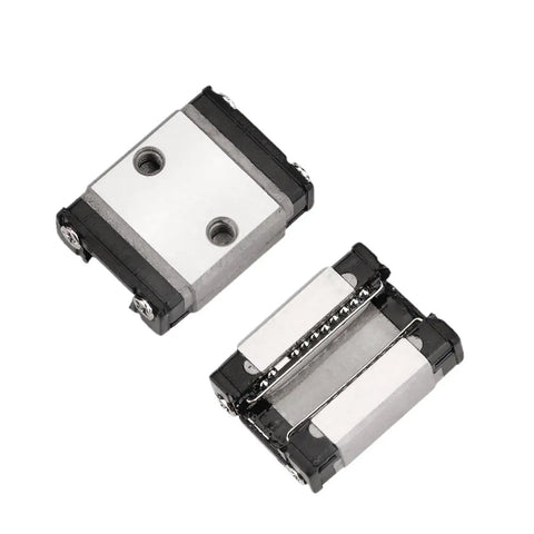 Top Shelf Linear Motion Guide Rail Kit Featuring Black Roller Carriage Block Built Tough And Slick As A Whistle For Smooth Zero Backlash Travel On Diy Cnc Projects, showing two black roller carriage blocks.