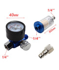 Badass Air Pressure Regulator With Precision Gauge And Slick Inline Water Filter showing 1/4" connections and precise measurements.