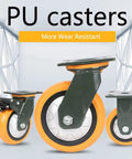 Heavy Duty Polyurethane Caster Wheels Running Butter Smooth With Dead Silent Foam Core And Rock Solid Locking Brakes For Heavy Workbenches Carts And Shop Furniture Rolling Swivel set of four eight inch black PU casters with orange wheels.