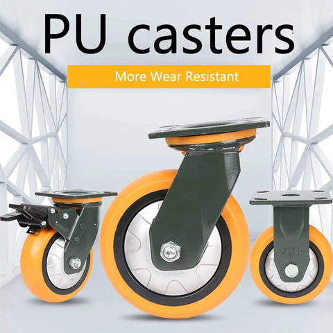 Heavy Duty Polyurethane Caster Wheels Running Butter Smooth With Dead Silent Foam Core And Rock Solid Locking Brakes For Heavy Workbenches Carts And Shop Furniture Rolling Swivel set of four eight inch black PU casters with orange wheels.