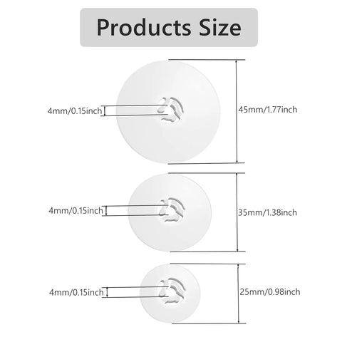 Six Piece Spool Cap Replacement Set For Sewing Machines And Overlocks Includes 25mm 35mm And 45mm Caps Fits Most Machines Easy Install Spool Pin Covers For Fast Fixes And Smooth Stitching size chart showing 25mm, 35mm, 45mm white plastic caps
