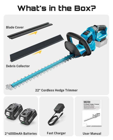 22 Inch Cordless Hedge Trimmer With Dual Action Blade And 20V Power, Includes 2 Batteries And Charger, accessories visible