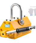 Front view: yellow permanent magnetic lifter with U-hook and release handle; 1320 lb capacity