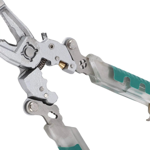 Close-up of Heavy Hitter Multifunctional Wire Stripper With Crimper Cutter And Non Contact Voltage Tester with steel jaws.