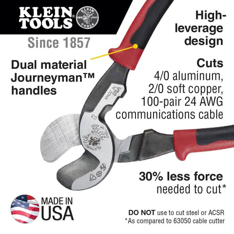 Pro Grade Journeyman High Leverage Cable Cutter And Wire Stripper For Aluminum Copper And Communications Cable With Integrated Strip Hole Cuts 4 0 Aluminum And 2 0 Soft Copper Delivers Clean Cuts And Pro Level Power Made In USA featuring dual material handles and high-leverage design with Made in USA label