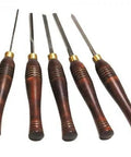 Five Piece Mini Woodturning Chisel Set Go-To Pro Grade HSS High Speed Steel with wooden handles displayed in a row