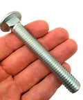 Heavy Duty Half Inch By Three And A Half Inch Grade Eight Carriage Bolts 4-Pack With Coarse Thread Round Head Square Neck Anti Rotation Design For Wood Projects SAE J429 Zinc Trivalent Finish, zinc carriage bolt in hand