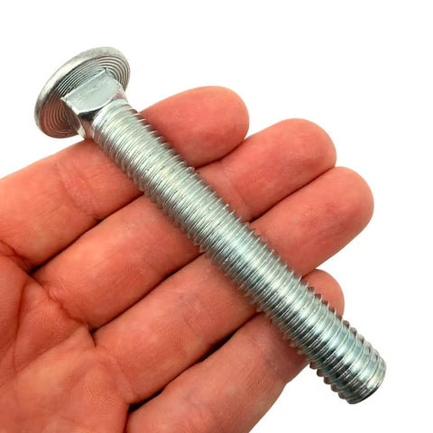 Heavy Duty Half Inch By Three And A Half Inch Grade Eight Carriage Bolts 4-Pack With Coarse Thread Round Head Square Neck Anti Rotation Design For Wood Projects SAE J429 Zinc Trivalent Finish, zinc carriage bolt in hand
