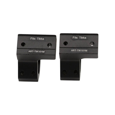 Drop In Ready One Inch Mid Profile Scope Rings For Tikka T3 And T3x Rifles in black aluminum, showing mounting structure.