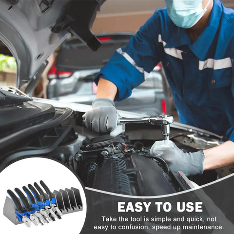 Mechanic using tools with Two Pack 10 Slot Pliers Organizer Rack Set for Tools Drawer with Non Slip Rubber Base in foreground