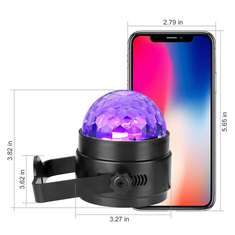 Lit UV Black Light Party Kit 6W LED Disco Ball Strobe Lights beside smartphone for size comparison, includes handle and purple glow.