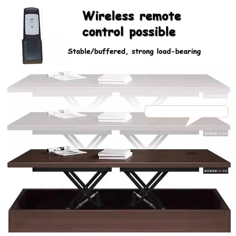 Wortat Electric Scissor Lift Table With Wireless Remote For Heavy Duty DIY Raising Loads, adjustable height shown with remote control.