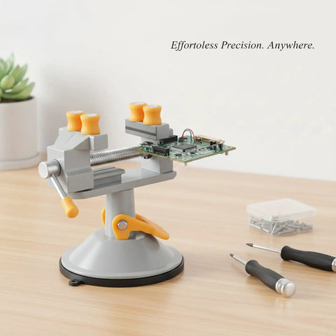 Versatile Mini Bench Vise With Suction Base For Jewelry And Electronics Repair holds a circuit board on a wooden desk.