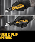 Gloved hand demonstrating Push And Flip Folding Utility Knife Set With One Handed Operation And 30 Percent More Compact Design.