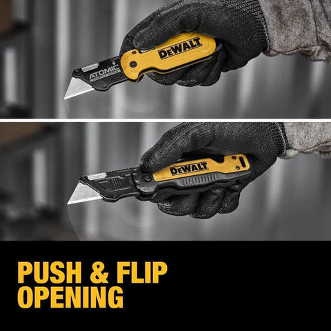 Gloved hand demonstrating Push And Flip Folding Utility Knife Set With One Handed Operation And 30 Percent More Compact Design.