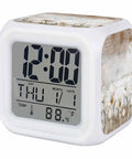 Straight Fire Floral Cube Digital Alarm Clock With Seven Color LED Nightlight showing time, date, and room temperature in a compact design.