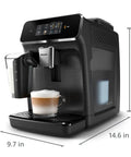 Fully Automatic Espresso Machine With Built In Grinder And LatteGo Milk Frother One Touch Control, showing cappuccino in glass.