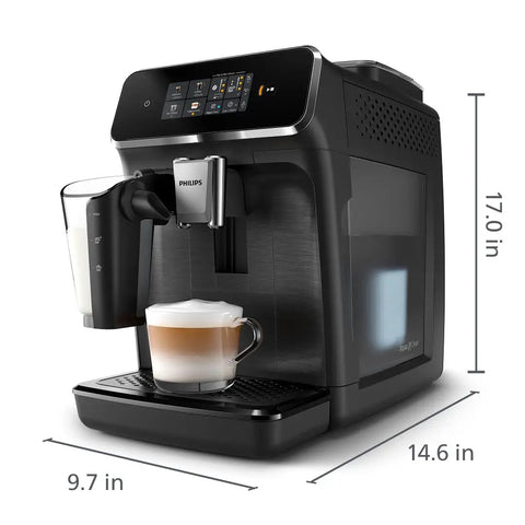 Fully Automatic Espresso Machine With Built In Grinder And LatteGo Milk Frother One Touch Control, showing cappuccino in glass.