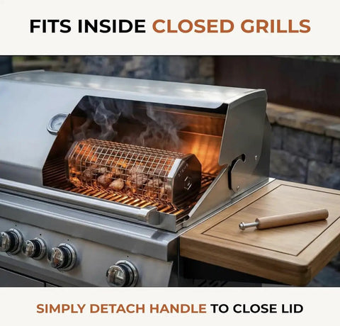 Two Pack Rolling Grill Basket For Even Cooking With Lid And Removable Wooden Handle in closed gas grill