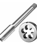 Heavy Duty M12 X 1.25 Right Hand HSS Tap And Die Set With Matching Thread Cutter For Metal Repairs And Machine Threads On Bolts And Nuts Made Of High Strength Hardened Steel To Fix Damaged Threads Fast, shown with tap and die