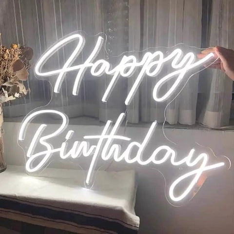 Large Happy Birthday LED Neon Sign 28 Inch Dope Neon Light For Party Decor Bar Home Rave Christmas Glow White Bright Modern Night Light Gift Idea For Birthday Party Fans displayed on a table with lights on.