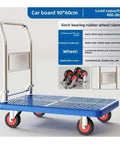 Heavy Duty Foldable Rolling Dolly, No Sweat Hauling With Silent Wheels, Space Saving Steel Frame Pushcart For Quick Home Moves And Warehouse Jobs, Solid Blue Build with rubber wheels.