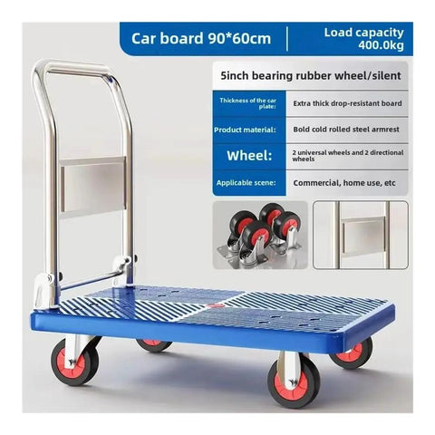 Heavy Duty Foldable Rolling Dolly, No Sweat Hauling With Silent Wheels, Space Saving Steel Frame Pushcart For Quick Home Moves And Warehouse Jobs, Solid Blue Build with rubber wheels.