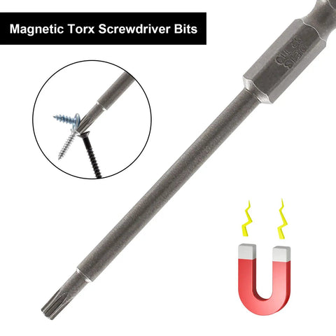 Top Shelf T10 Security Torx Screwdriver Bits Set 10 Piece Magnetic S2 Steel Driver Bits with a hex shank showing attached screws.