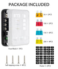 Package contents of 12V Automotive Fuse Block With Relay Kit For Cars, Trucks And Marine Boats 6 Circuit Fuse Box With Accessory Interface Universal Breeze Easy Install Safer Wiring And Reliable Power Distribution; includes fuse block, screws, fuses, and labels.