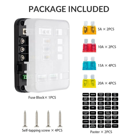 Package contents of 12V Automotive Fuse Block With Relay Kit For Cars, Trucks And Marine Boats 6 Circuit Fuse Box With Accessory Interface Universal Breeze Easy Install Safer Wiring And Reliable Power Distribution; includes fuse block, screws, fuses, and labels.