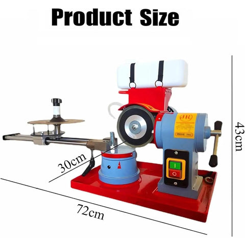 Top Shelf 550W Electric Circular Saw Blade Sharpener With Waterproof Switch And Bullseye Alignment Dial dimensions labeled, 72cm x 30cm x 43cm.