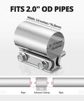 Two Inch Exhaust Clamp Butt Joint Band Sleeve Connector Stainless Steel For Pipes Mufflers And Catalytic Converters Easy Install No Weld 1 Piece Heavy Duty Clamp with dimensions 3.0 inches width on a 2.0 inches OD pipe.