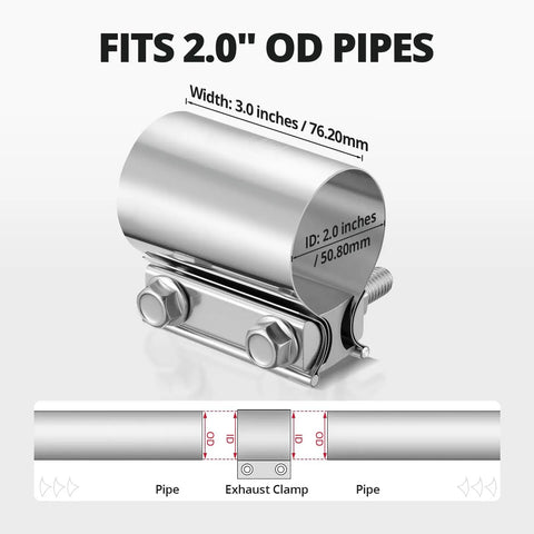 Two Inch Exhaust Clamp Butt Joint Band Sleeve Connector Stainless Steel For Pipes Mufflers And Catalytic Converters Easy Install No Weld 1 Piece Heavy Duty Clamp with dimensions 3.0 inches width on a 2.0 inches OD pipe.