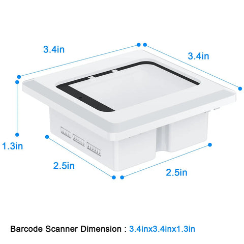All In One Embedded Barcode Scanner With 1D 2D QR Code Scanning Module USB Interface NFC Reader For Access Control Locker Code Scanning And Payment Systems White shown with dimensions 3.4in x 3.4in x 1.3in