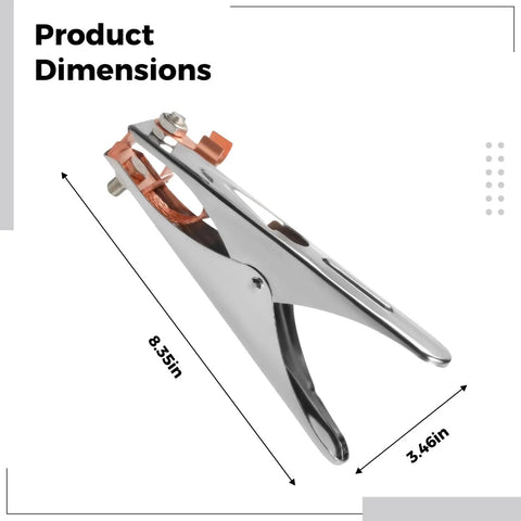 Heavy Duty Welding Ground Clamp With 500A A Shape Copper Jaw for Rock Solid Stable Connections And Easy Setup On Any Machine, dimensions 8.35in x 3.46in.