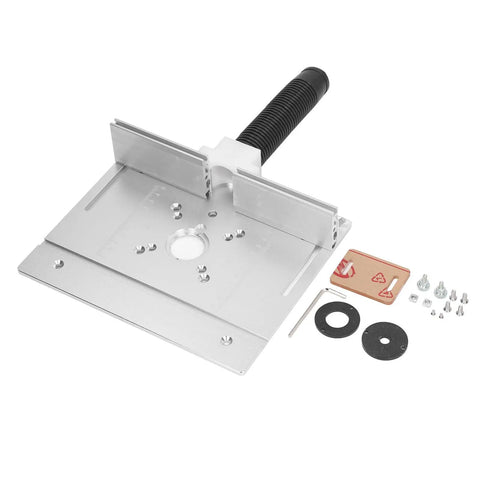 Badass Aluminum Router Lift System Kit With Smooth 180 Degree Rotation For Woodworking Enthusiasts And Inverted Routing Projects Featuring Durable Cnc Anodized Insert Plate For Hassle Free Milling And Carving Builds, showing base plate and hardware.
