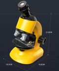Yellow Kids Microscope Kit With LED 40X-1200X Magnification, side view showing dimensions and rotatable head.