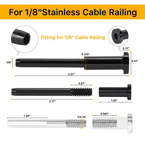 Detailed view of Pack Of 50 One Eighth Inch Black T316 Stainless Steel Invisible Cable Railing Kit With Swage Stud Ends For Decks Stairs Wood And Metal Posts Rugged Outdoor Weatherproof Cable Railing Hardware components.