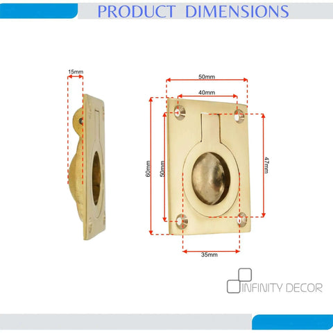 Dimensions of Polished Brass Flush Ring Pull Handle 60mm By 50mm For Cabinets And Drawers, highlighting size and design.