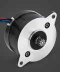 Front view of 36mm NEMA 14 pancake stepper motor with silver mounting flange and 10-tooth gear.
