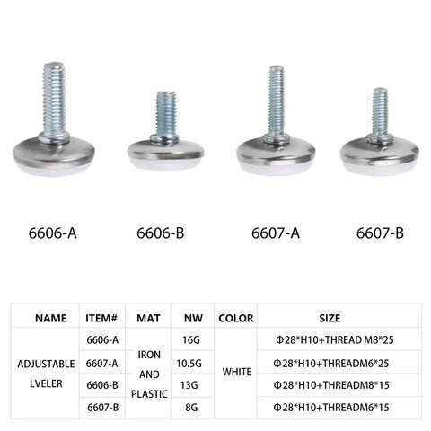 M8x25 Chair Leg Floor Protectors 40 Pack Adjustable Furniture Levelers showing different adjustable furniture feet for stability.