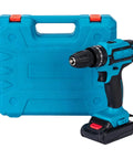 Rock Solid 21V Cordless Drill And Electric Screwdriver With Quick Lithium Battery next to hard plastic case.