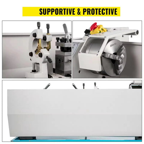 Mini metal lathe, 8.7 × 23.6 in (220 × 600 mm), white body, 1100W with LED display for turning and drilling