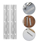 Heavy Duty Stainless Steel Piano Hinges For Cabinet Doors And Furniture With Pre Drilled Holes, showing silver finish and tools