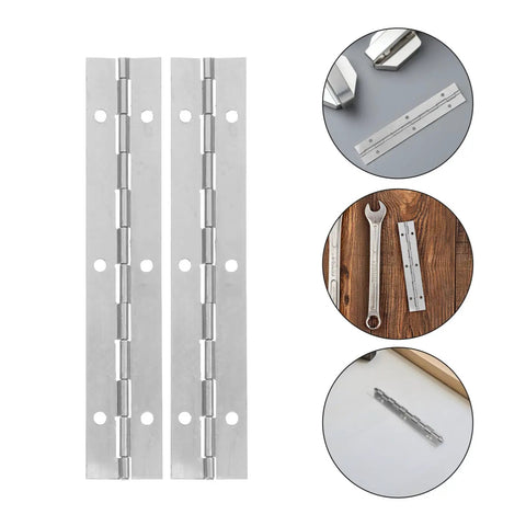 Heavy Duty Stainless Steel Piano Hinges For Cabinet Doors And Furniture With Pre Drilled Holes, showing silver finish and tools