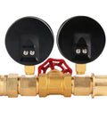 Water Pressure And Flow Test Gauge For Sprinkler Systems With Brass Gate Valve And Three Quarters Inch Hose Thread Reads Zero To One Hundred Sixty Psi And Zero To Thirteen GPM With A Two And A Half Inch Dial